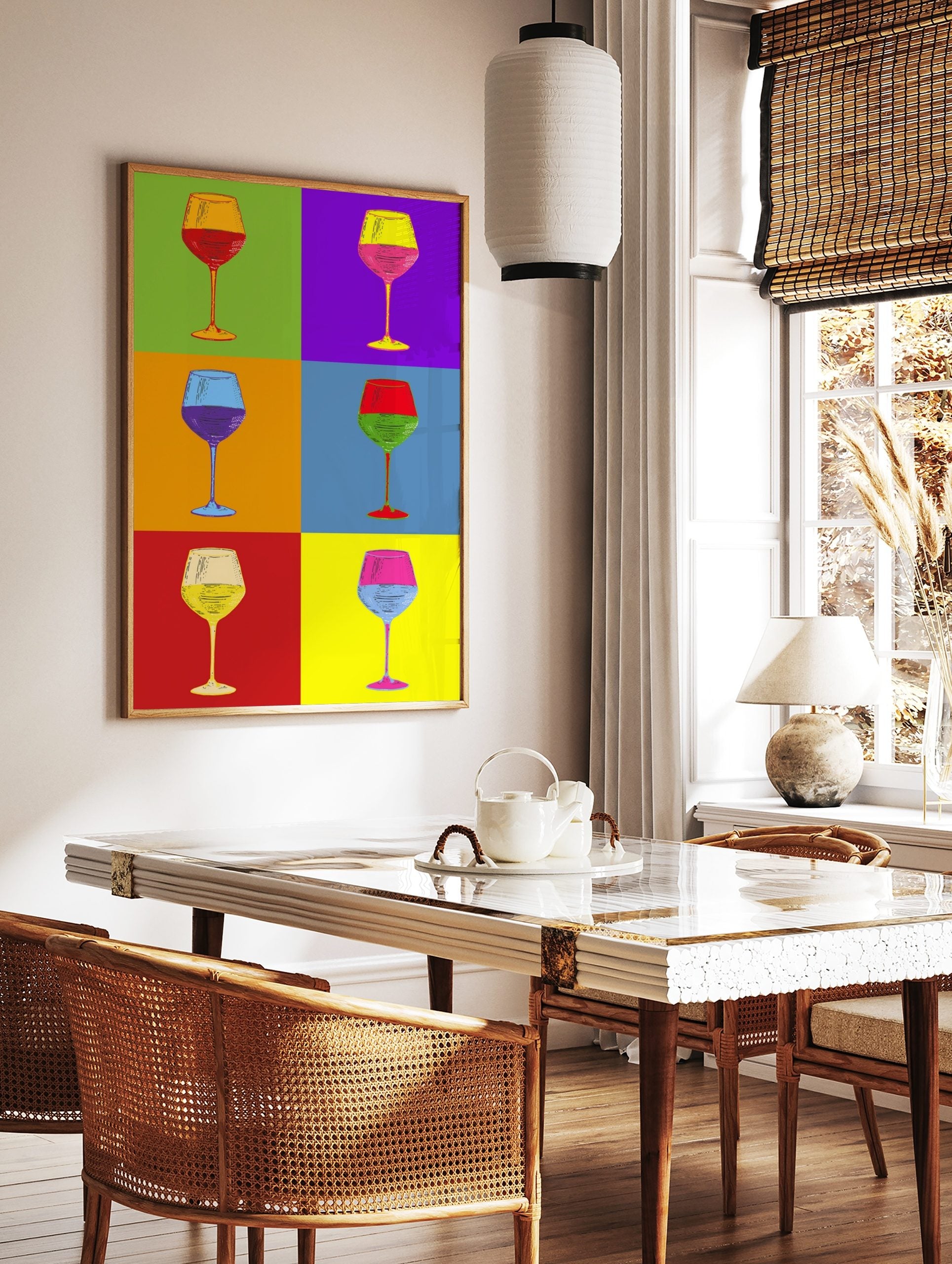 Colorful Pop Art grid featuring six illustrative wine glasses with different colored liquids and backgrounds, in a styled
