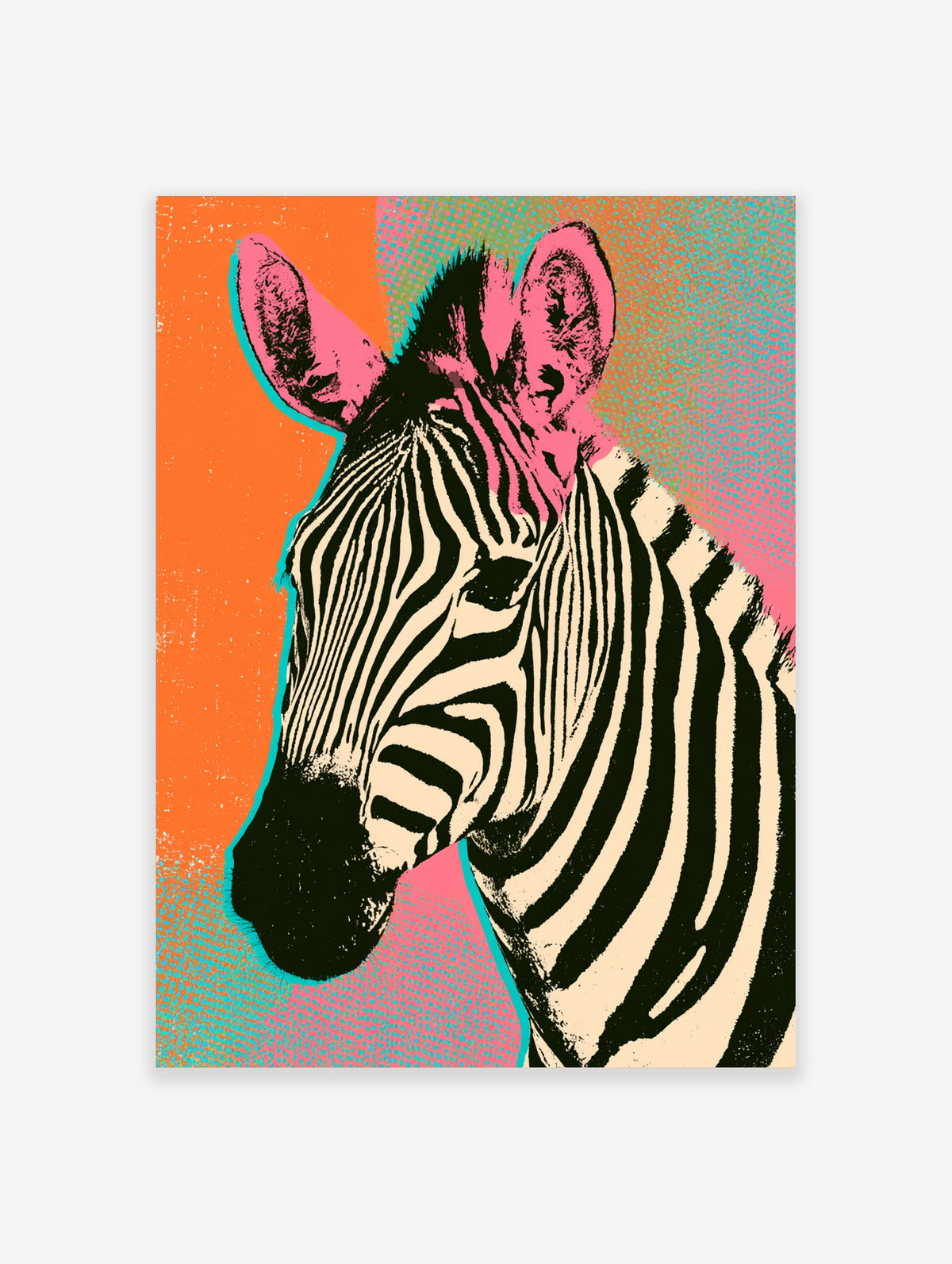 Pop art zebra portrait with black and cream stripes, pink ears, and orange, pink, and teal halftone background
