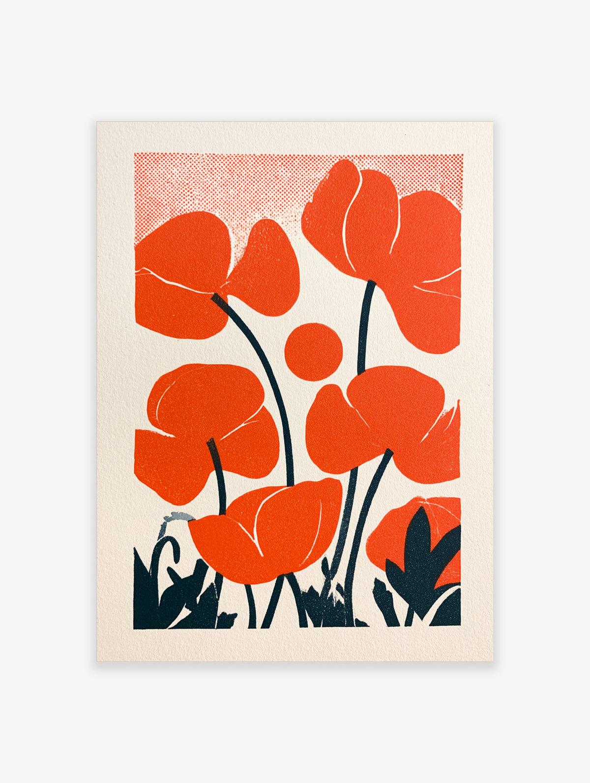 Poppy flower illustration with orange blooms and dark teal stems on a white background with halftone dot pattern