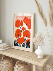 Poppy flower illustration with orange blooms and dark teal stems on a white background with, in an alternate framed mockup