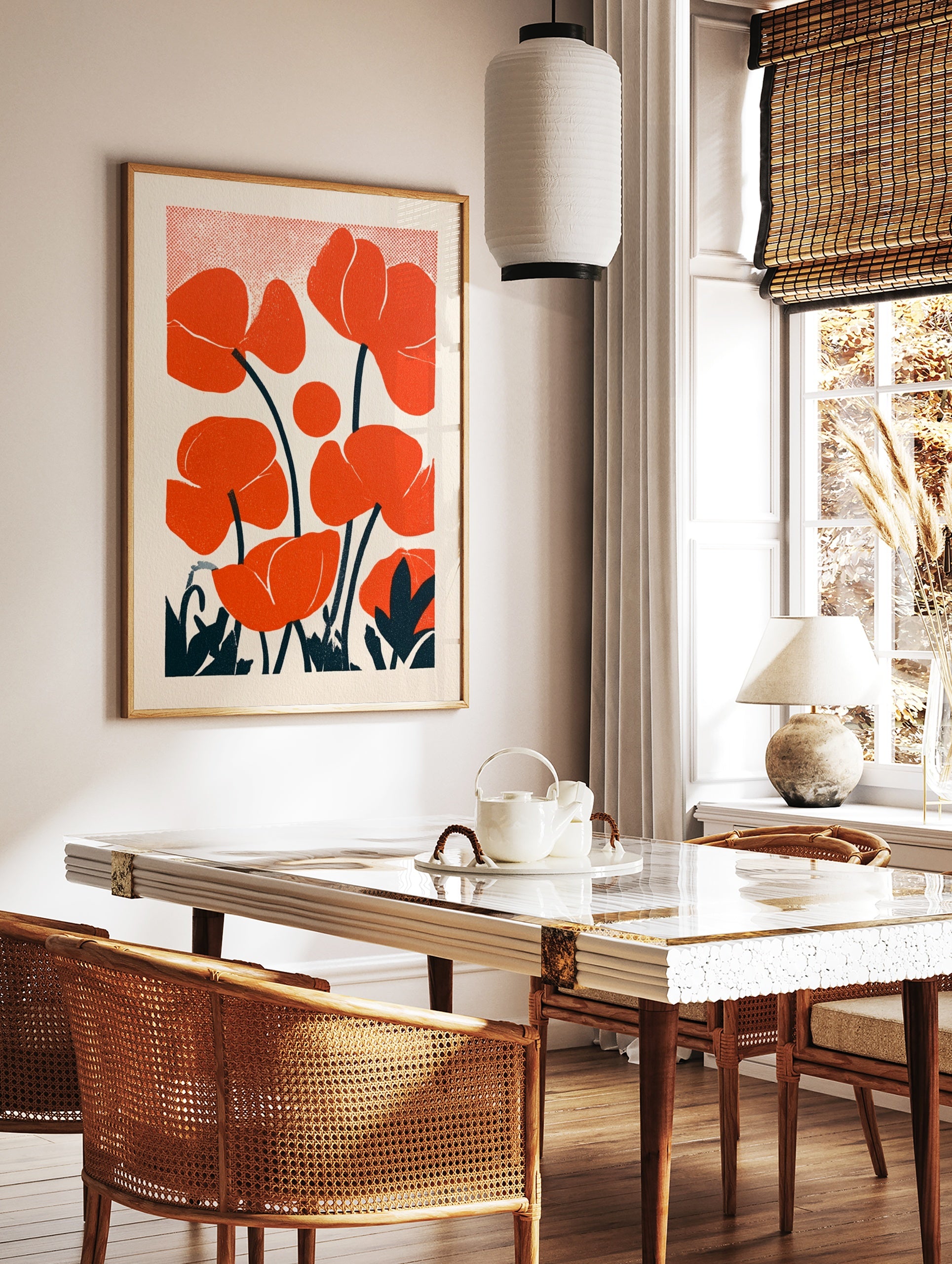Poppy flower illustration with orange blooms and dark teal stems on a white background with, in a styled room mockup