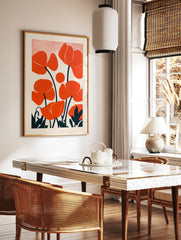 Poppy flower illustration with orange blooms and dark teal stems on a white background with, in a styled room mockup