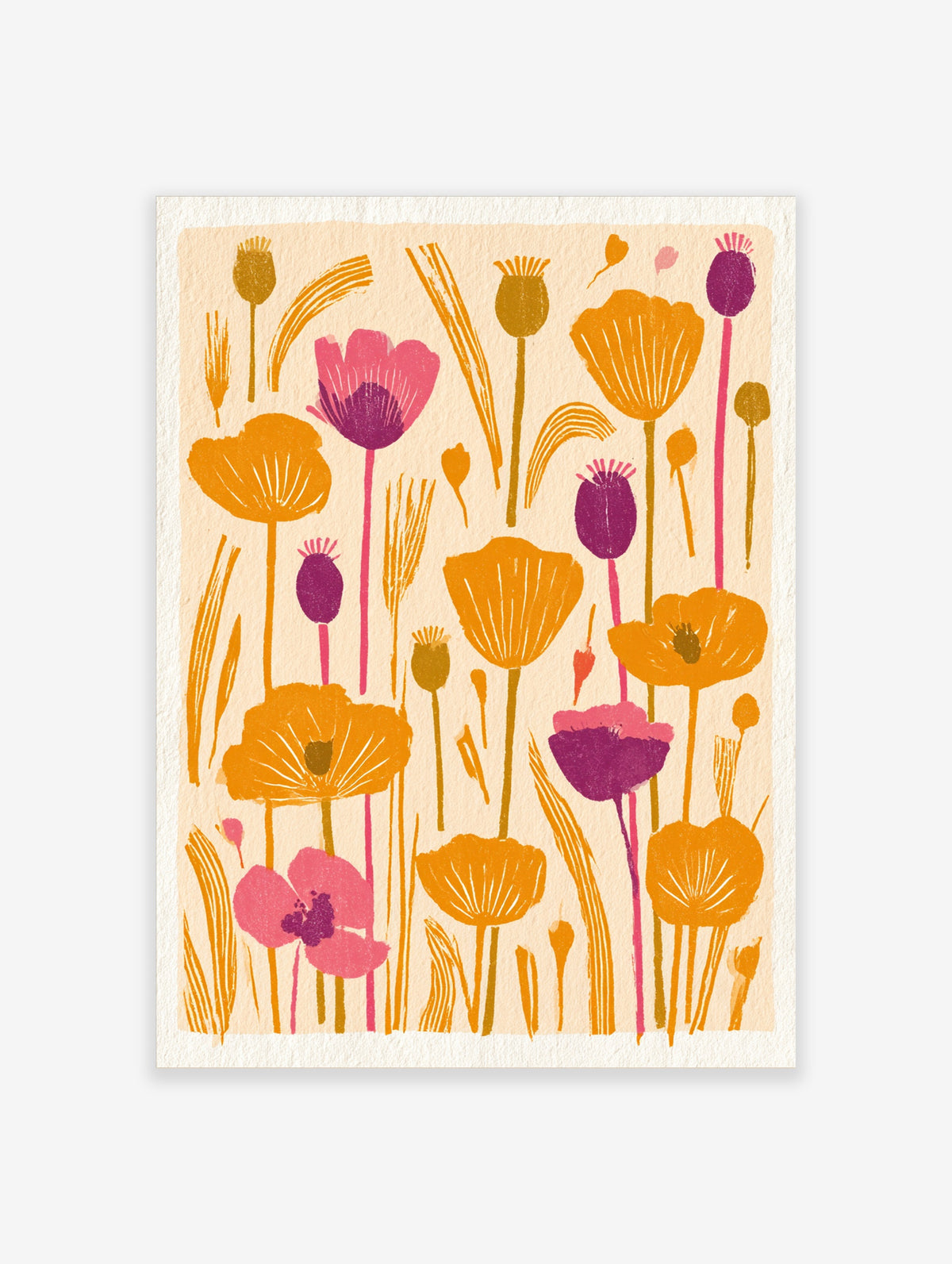 Stylised poppy flower art print with orange, pink, and purple blooms on tall stems against a beige background