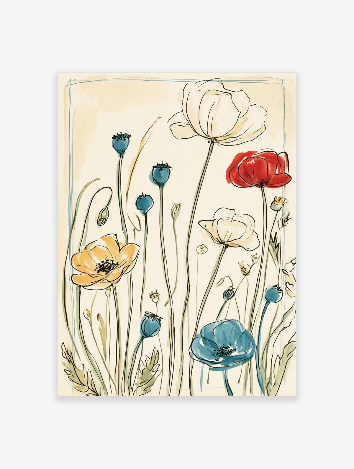 Poppy flower botanical illustration with red, blue, yellow and cream blooms on beige background