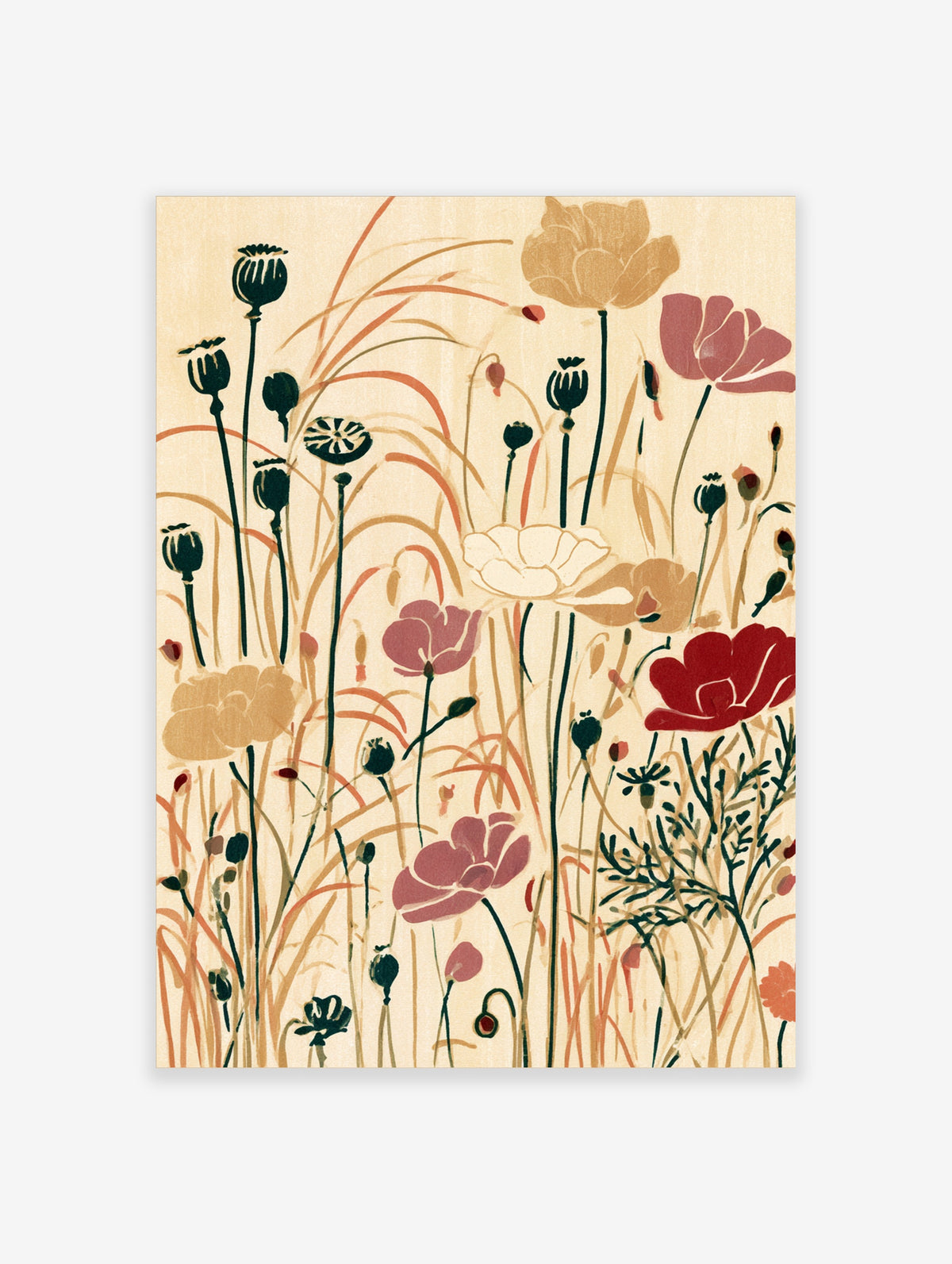 Poppy flower botanical art print with tall stems, seed pods, and red, pink, and ochre blooms on cream