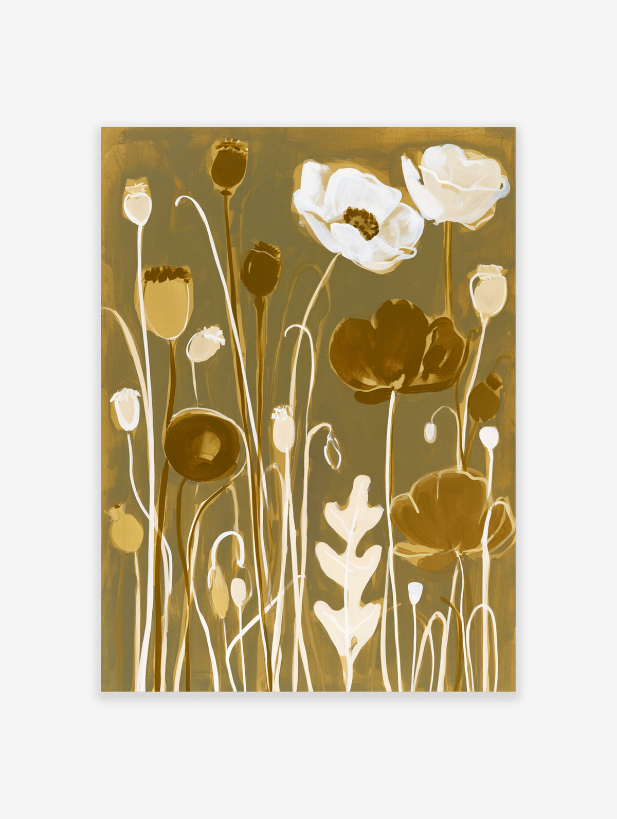 Poppy flower wall art print with white and brown blooms on tall stems against a muted olive background