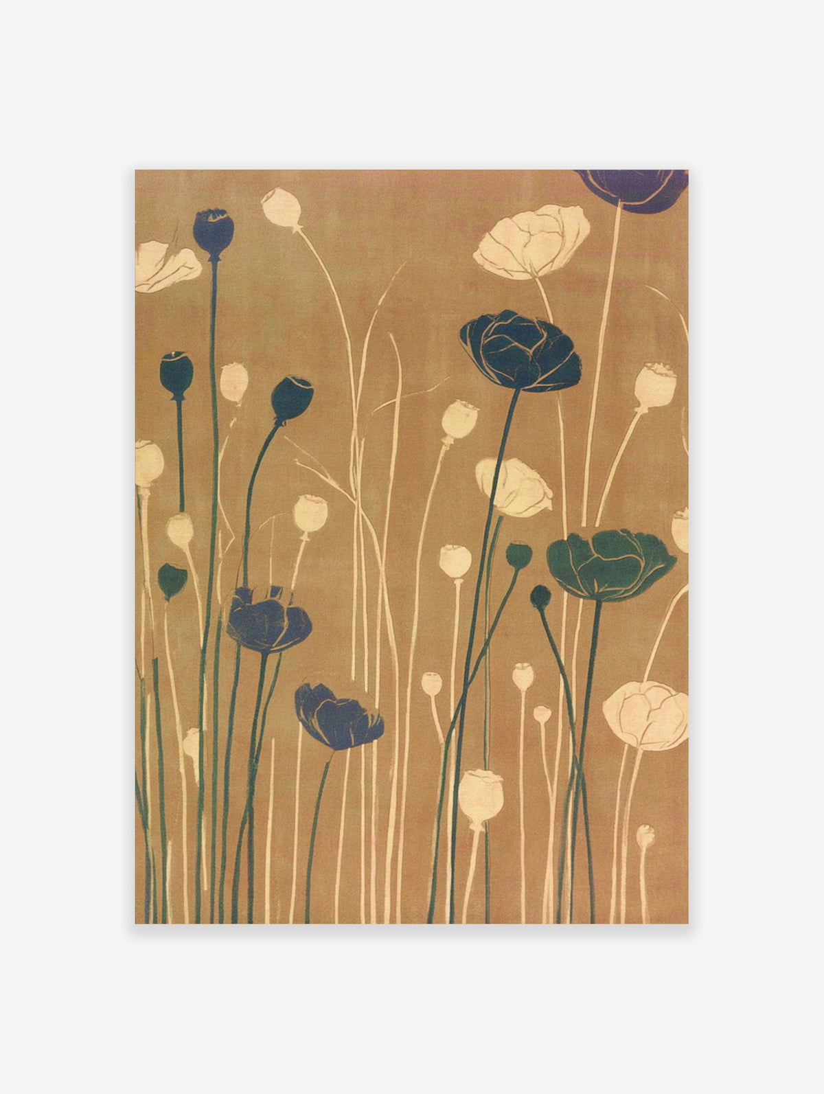 Poppy flower art print with tall stems, cream and navy blooms on tan background
