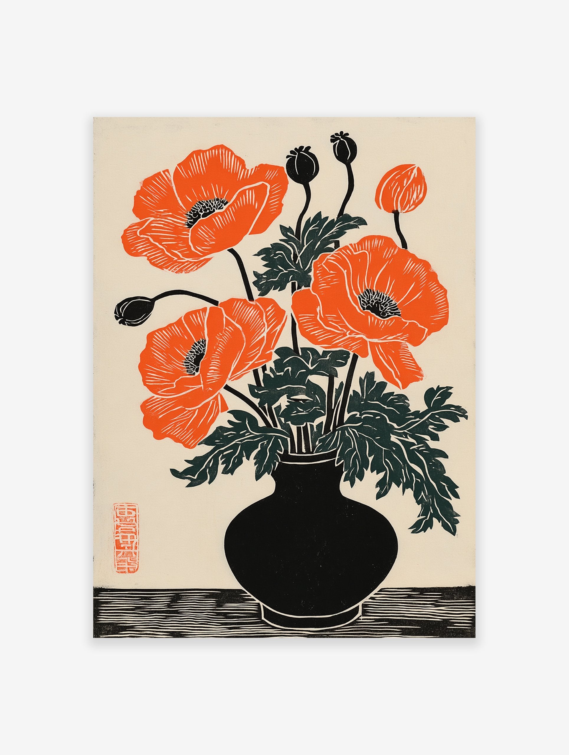 Orange poppy flower botanical illustration in a black vase, with green leaves and black buds, woodblock print style.