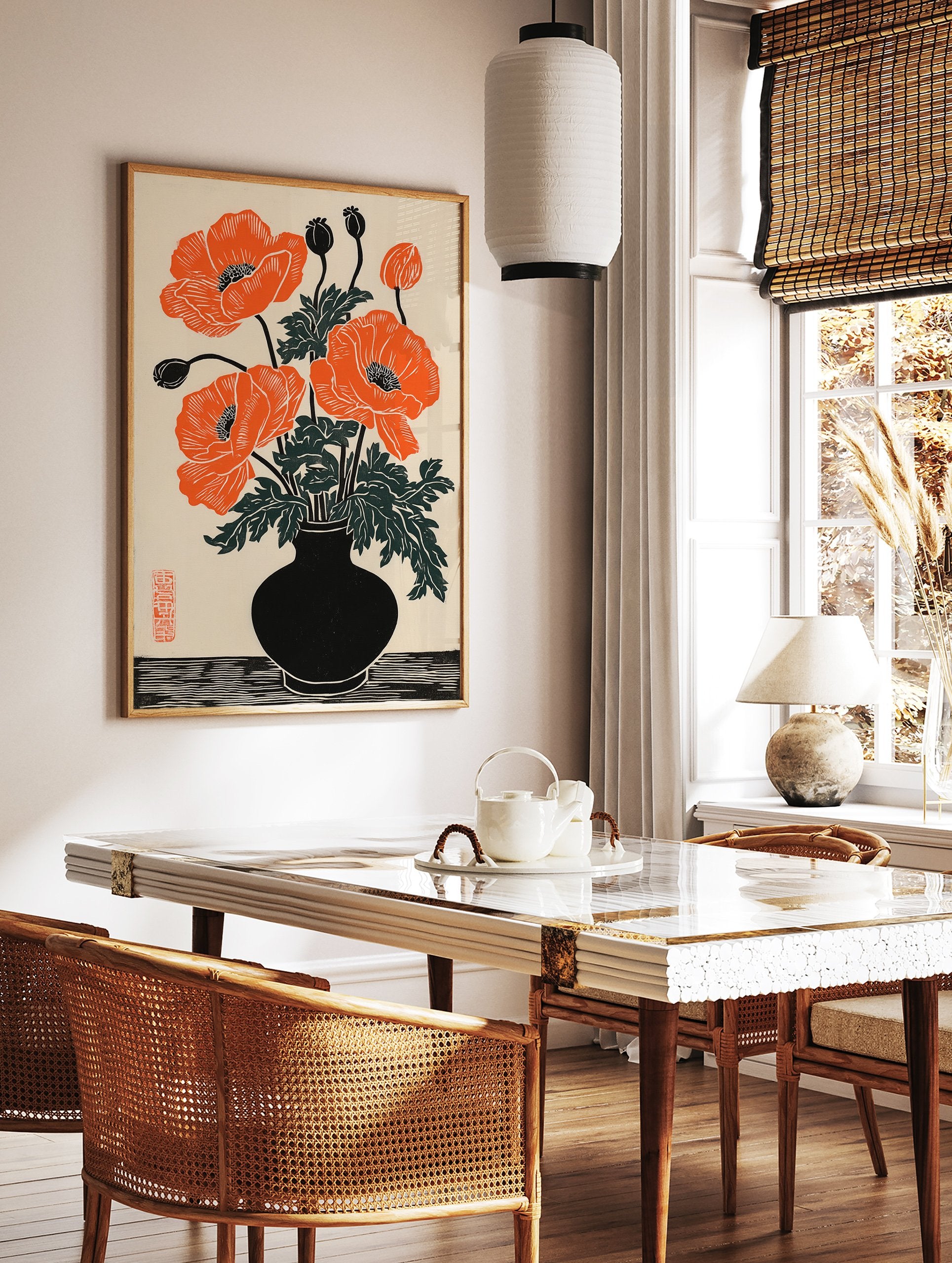 Orange poppy flower botanical illustration in a black vase, with green leaves and black buds, woodblock print style. - Image 3