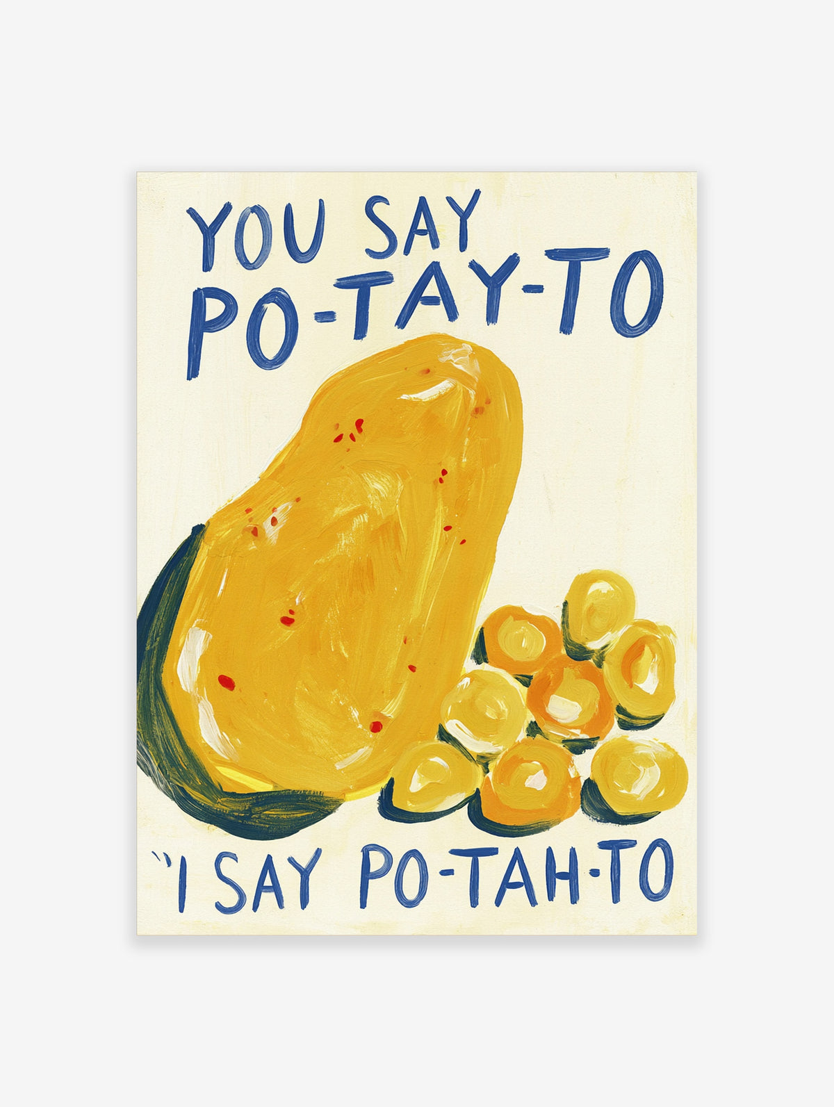 Yellow potato and baby potatoes with blue hand-lettered text on cream background poster