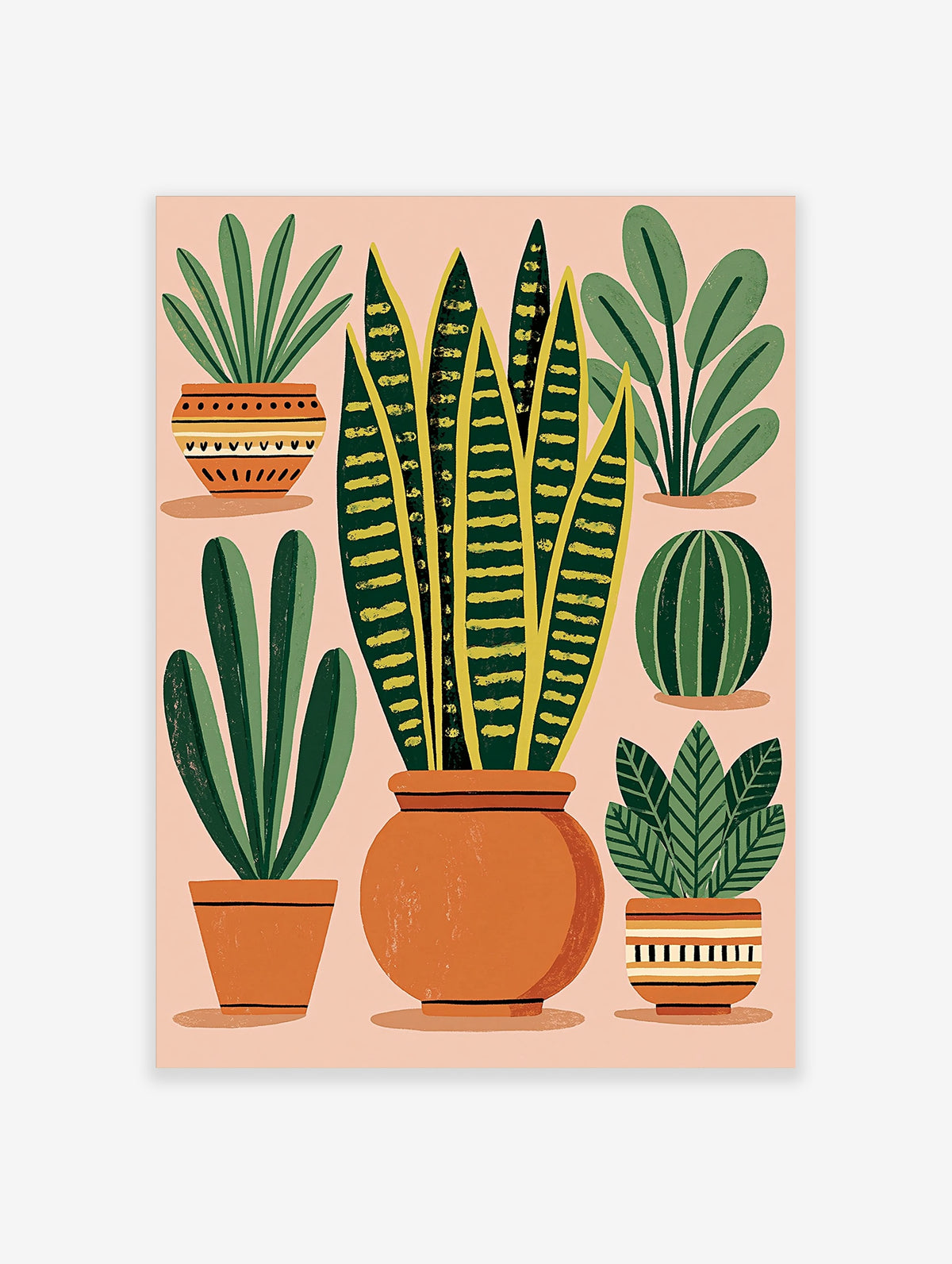Botanical art print of five potted houseplants including sansevieria and cactus on peach background