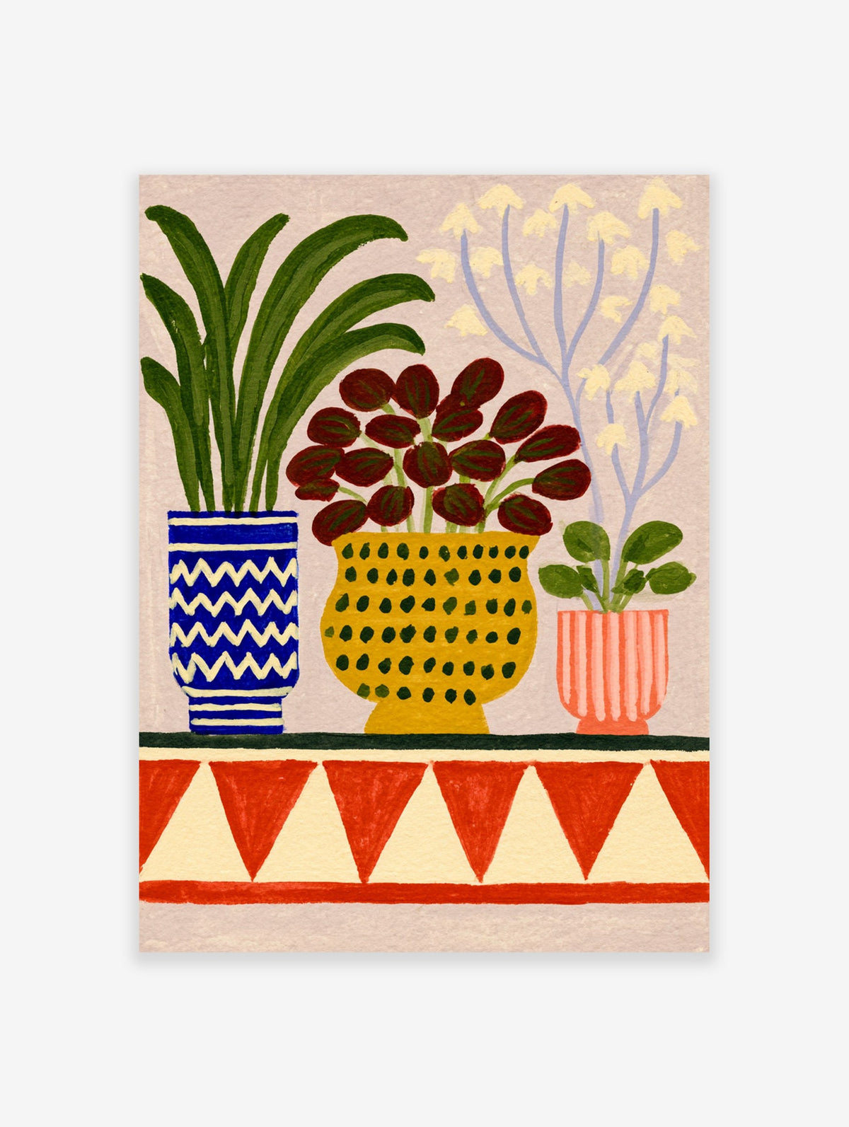 Colourful botanical illustration of three potted plants in patterned blue, yellow, and pink containers on a decorative shelf