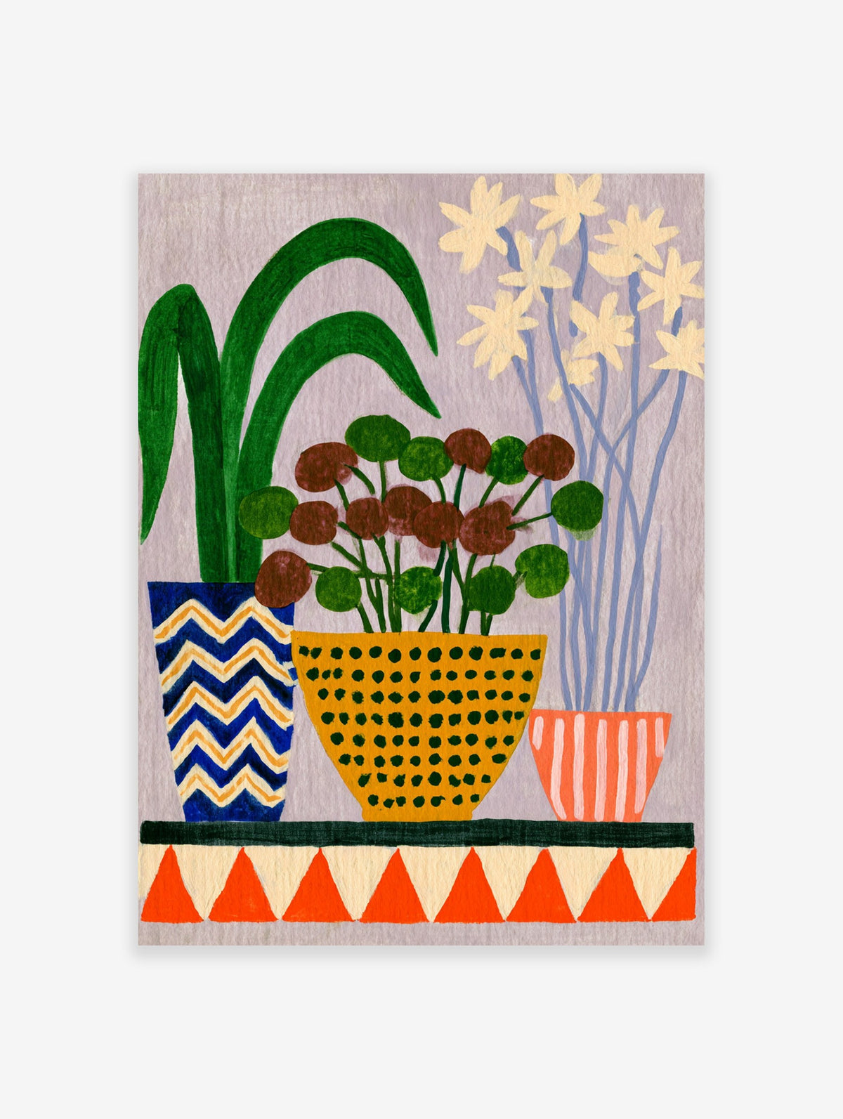 Botanical wall art featuring three potted plants in colourful chevron, polka-dot, and striped pots on a purple background