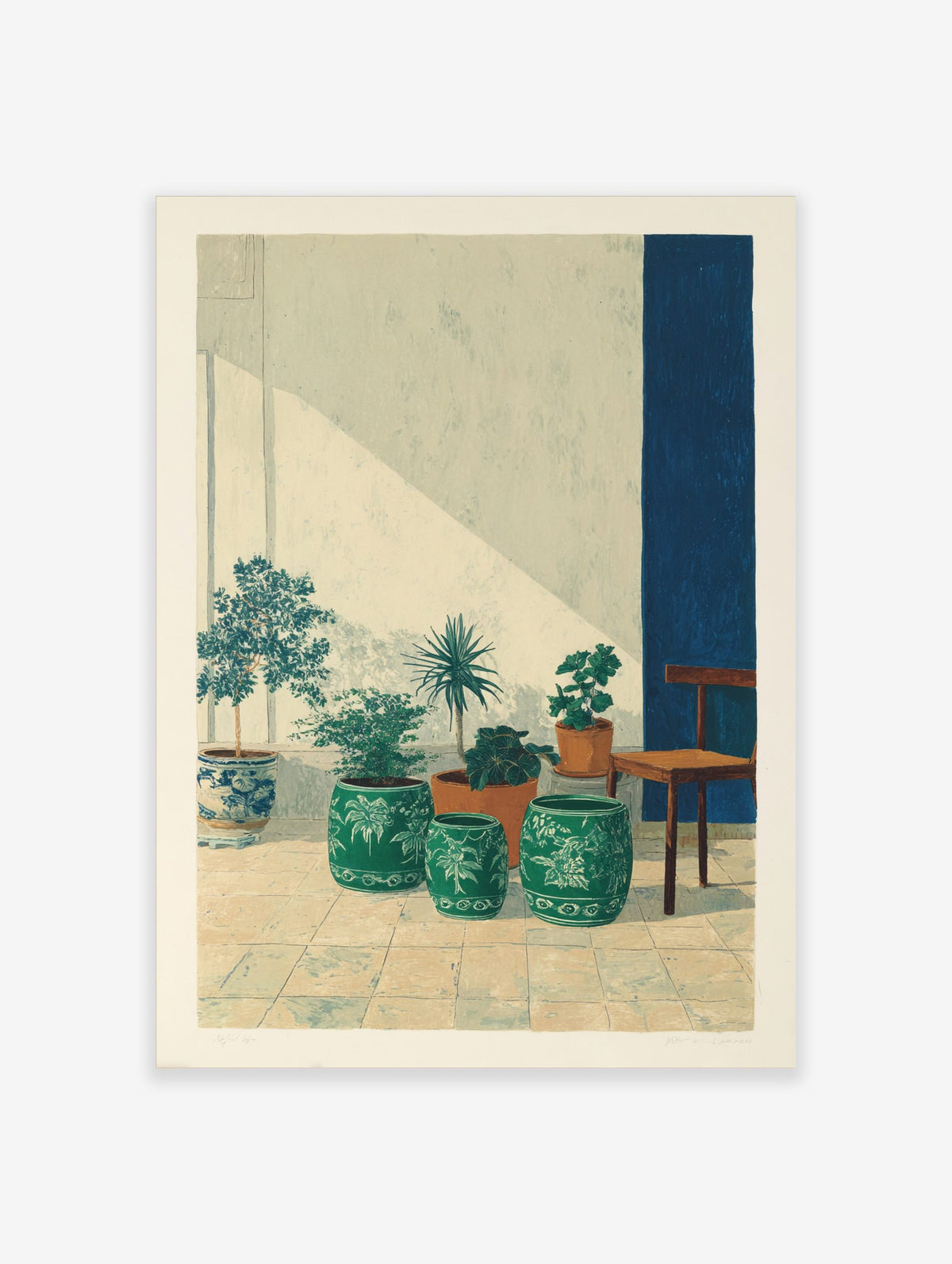 Illustrative print of potted plants on a tiled patio with a blue wall stripe and diagonal sunlight shadow