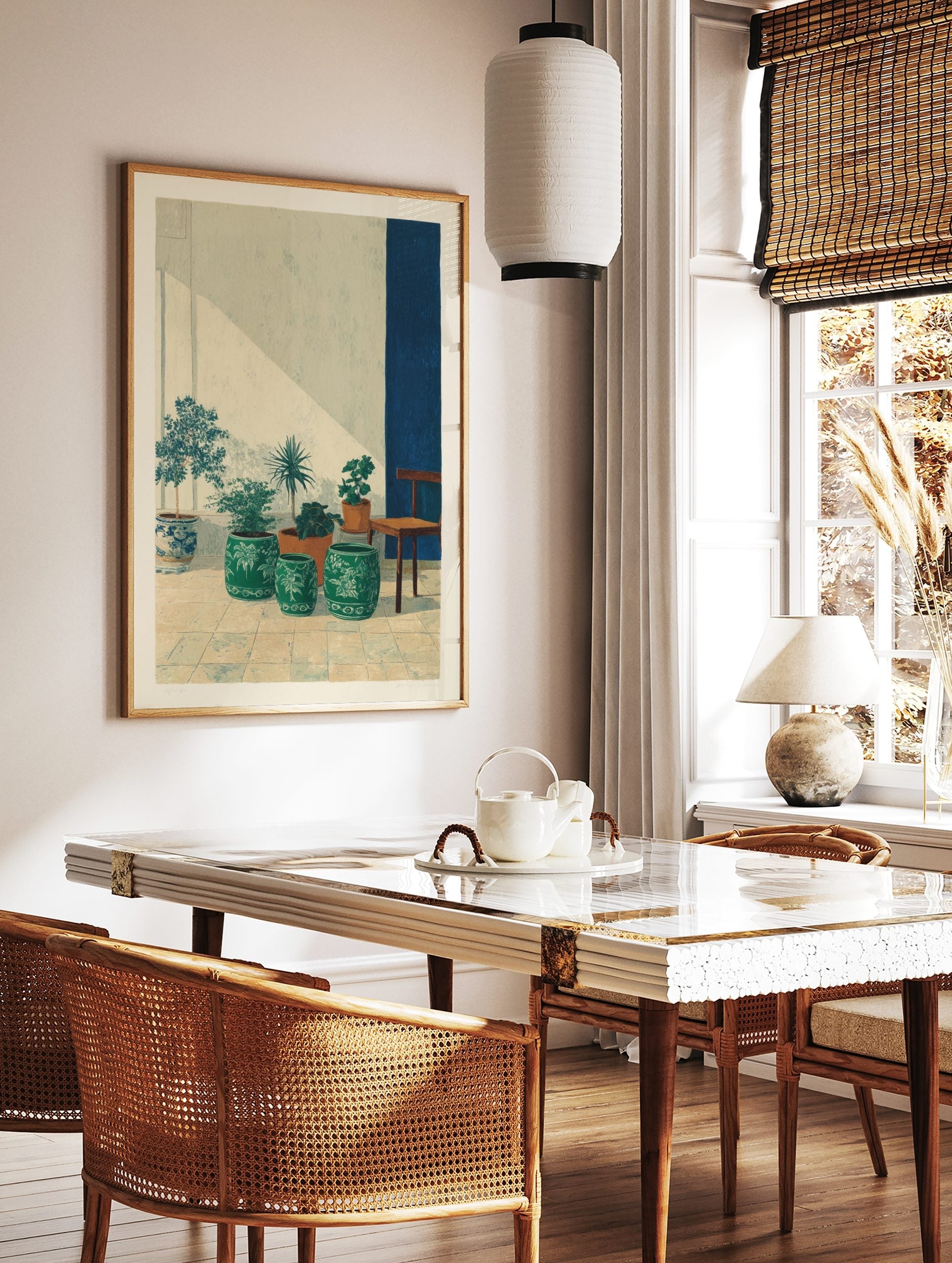 Potted plants in ceramic and terracotta pots with a wooden chair and blue wall stripe in a sunlit, in a styled room mockup