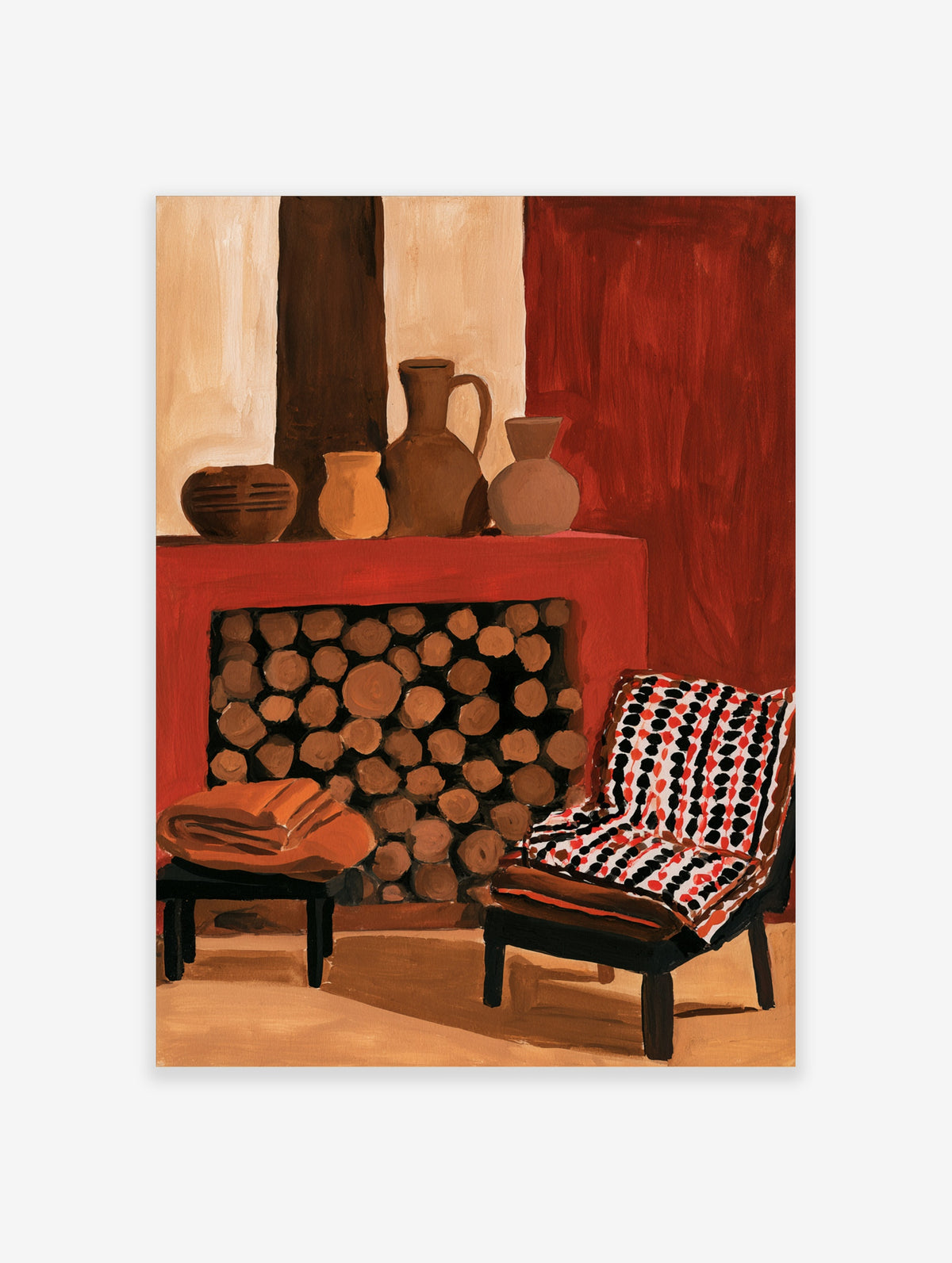 Modern illustrative wall art of pottery on a fireplace ledge with a patterned armchair and log pile in red and brown tones