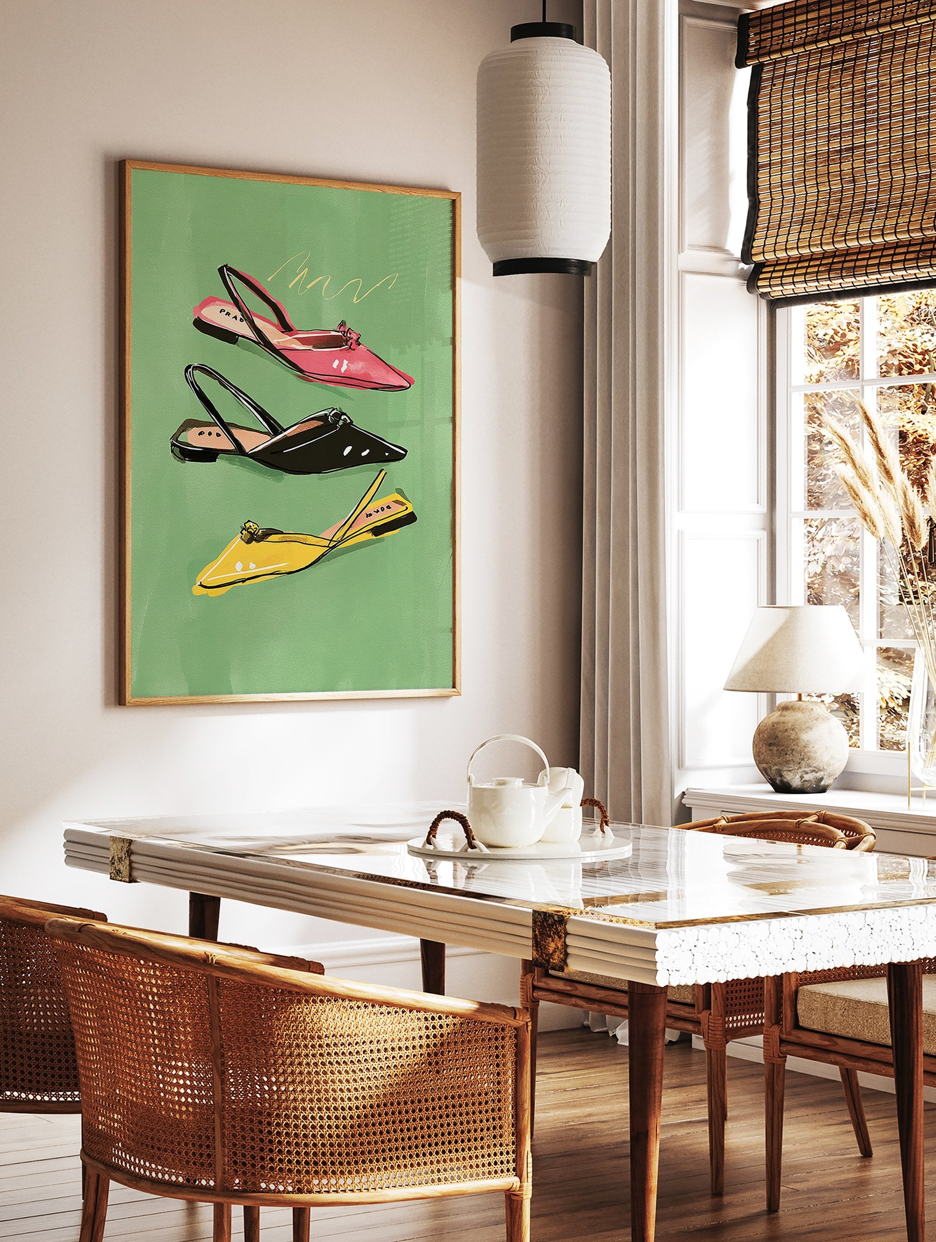 Fashion illustration poster featuring three stylized women's slingback shoes in pink, black, and yellow on a green background. - Image 2
