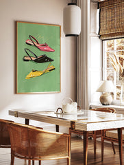 Fashion illustration poster featuring three stylized women's slingback shoes in pink, black, and yellow on a green background. - Image 2