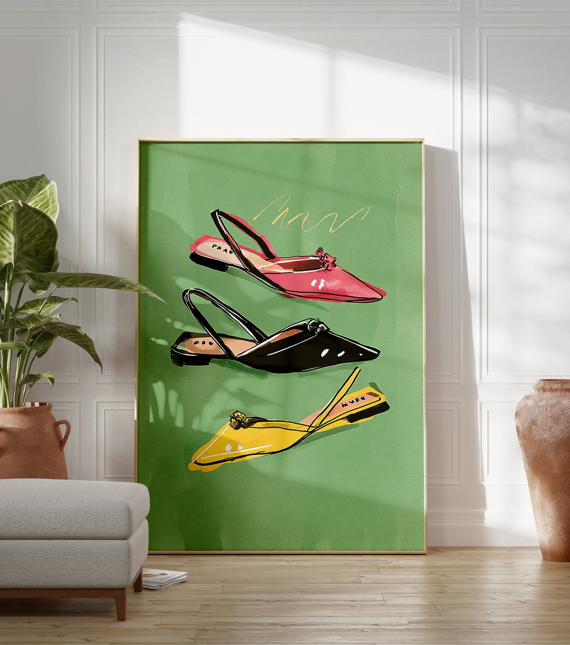 Fashion illustration poster featuring three stylized women's slingback shoes in pink, black, and yellow on a green background. - Image 3
