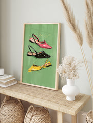 Fashion illustration poster featuring three stylized women's slingback shoes in pink, black, and yellow on a green background. - Image 4