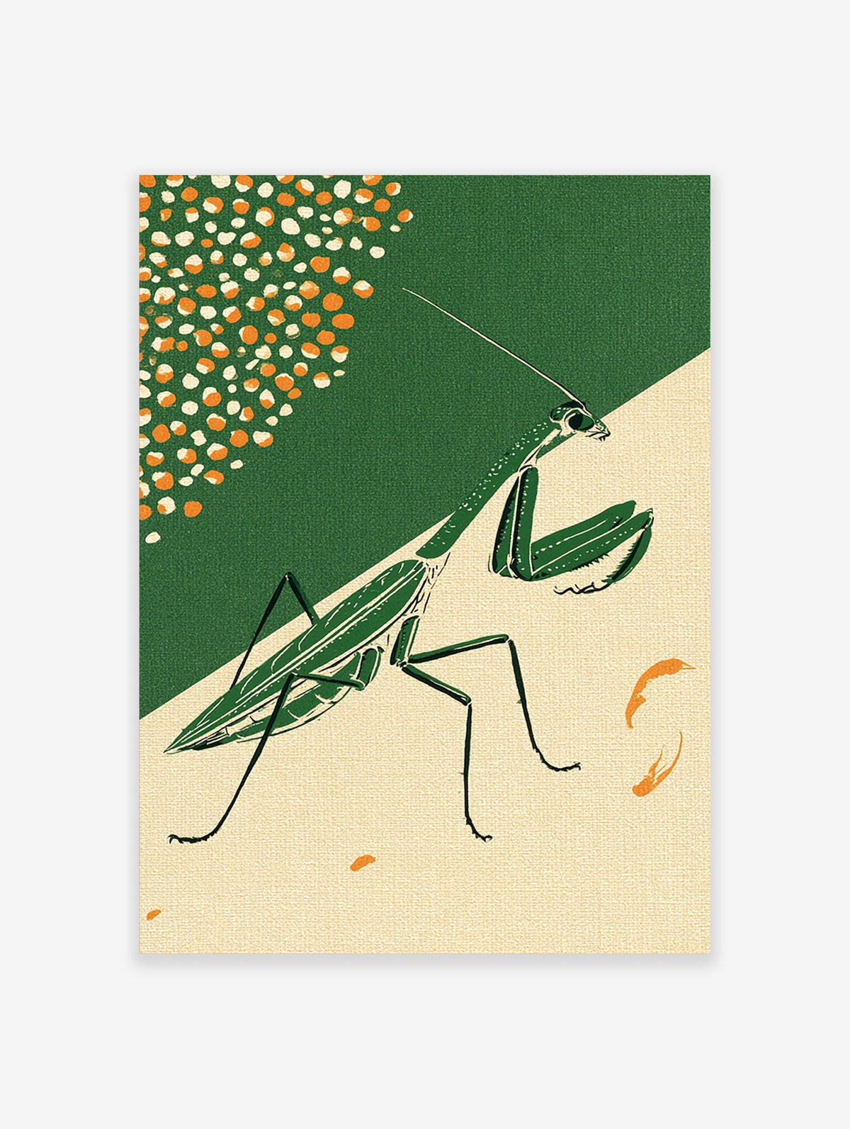 Illustrative praying mantis wall art in green on a split dark green and beige background with orange dot accents