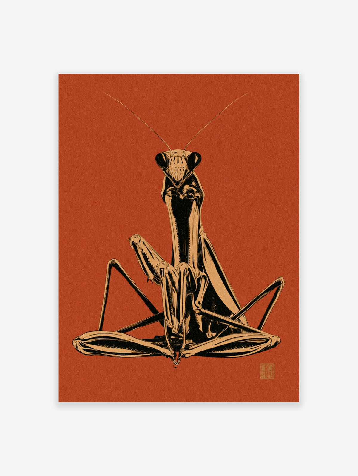 Praying mantis art print in black and cream on a burnt orange background