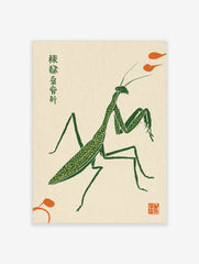 Stylised green praying mantis illustration in a woodblock print style with orange accents on a cream background