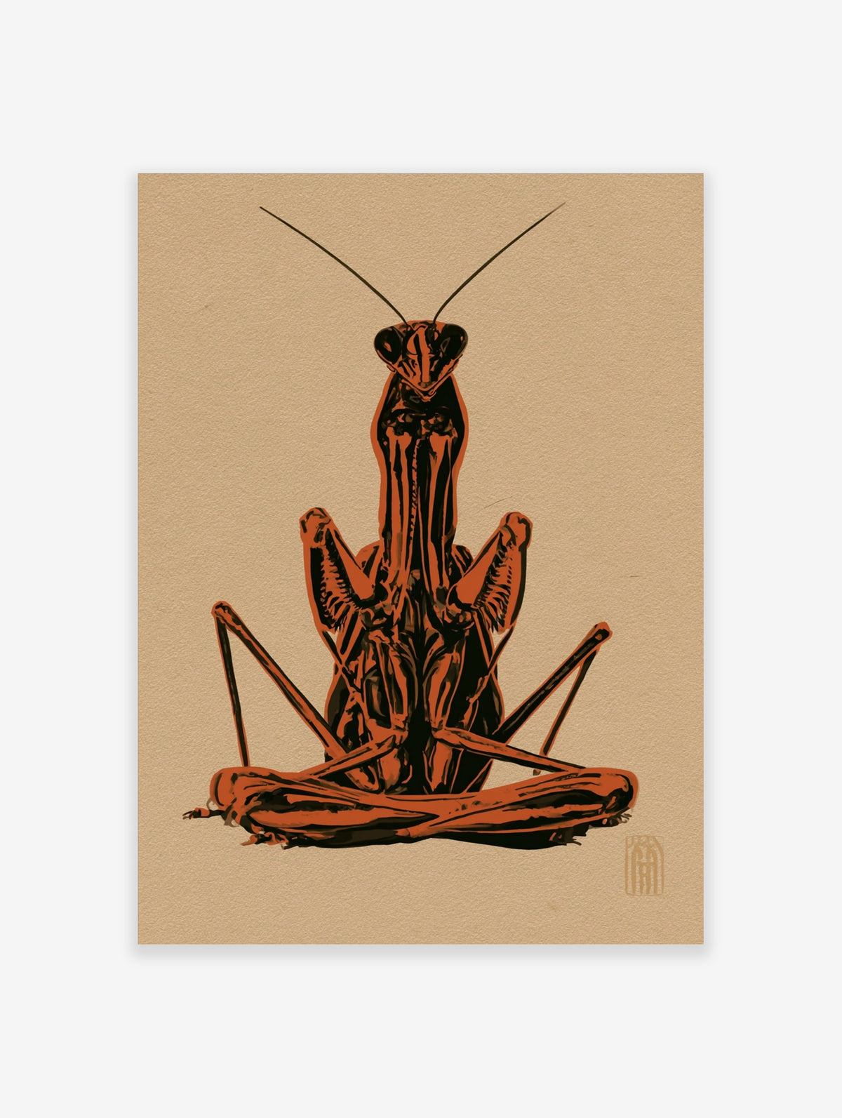 Praying mantis art print in rust orange and black on a tan background, centred portrait composition