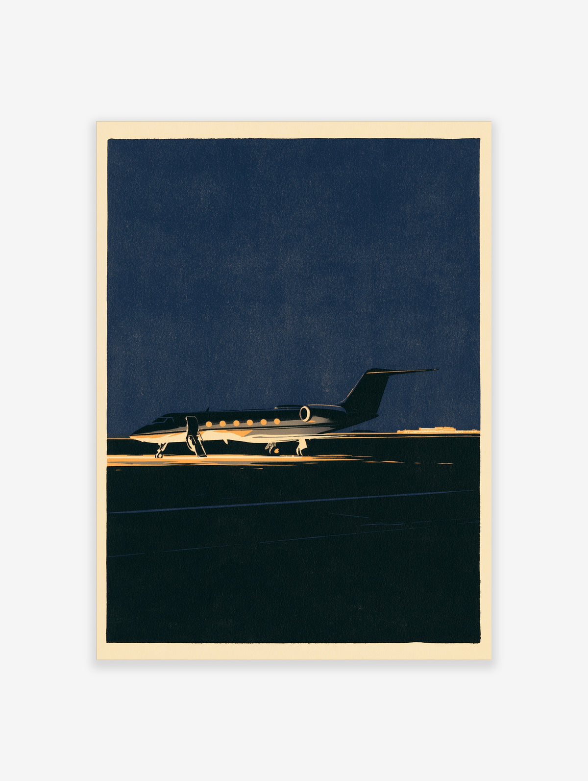 Private jet on dark runway at night with lit windows and open stairs, navy sky aviation art print