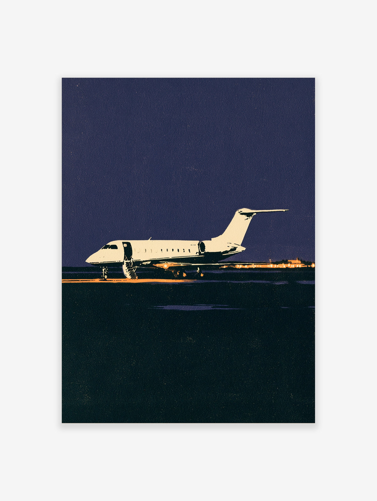 White private jet on dark runway at night with warm lights and deep blue sky