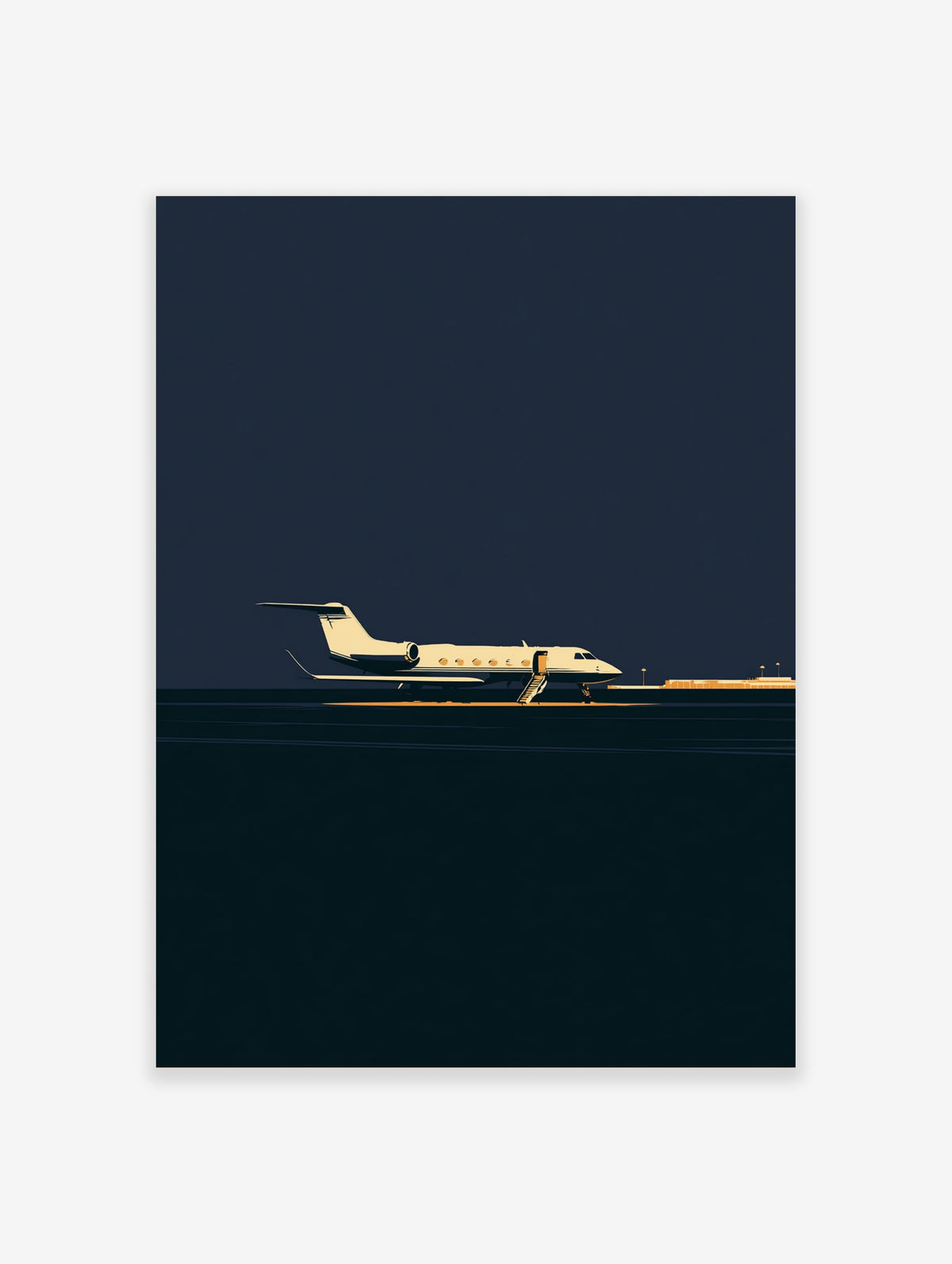 Minimalist private jet art print with cream aircraft on dark navy background