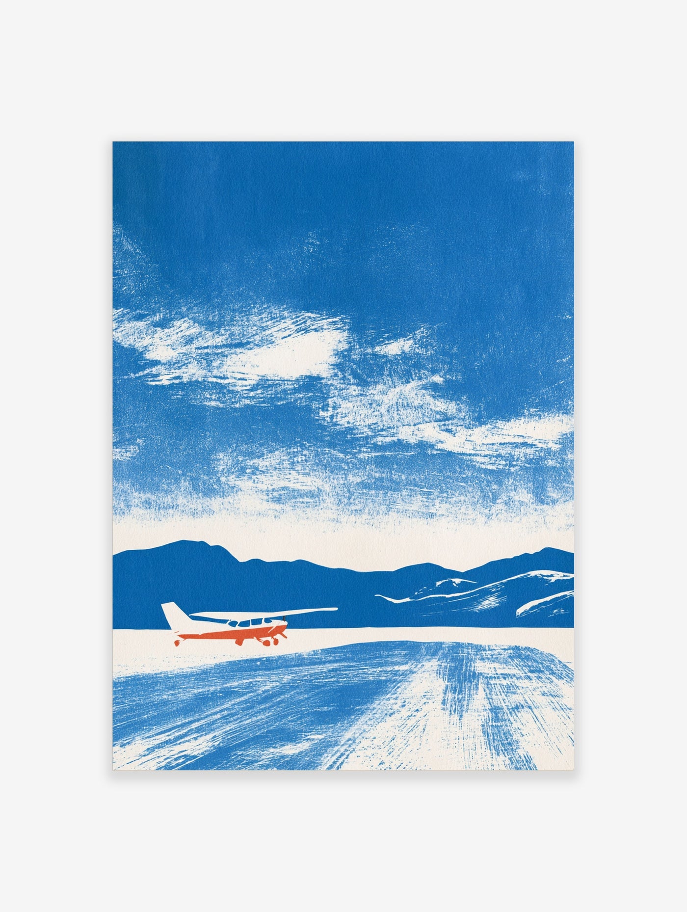 Illustrative propeller airplane on a textured ground with blue sky and mountain background art print