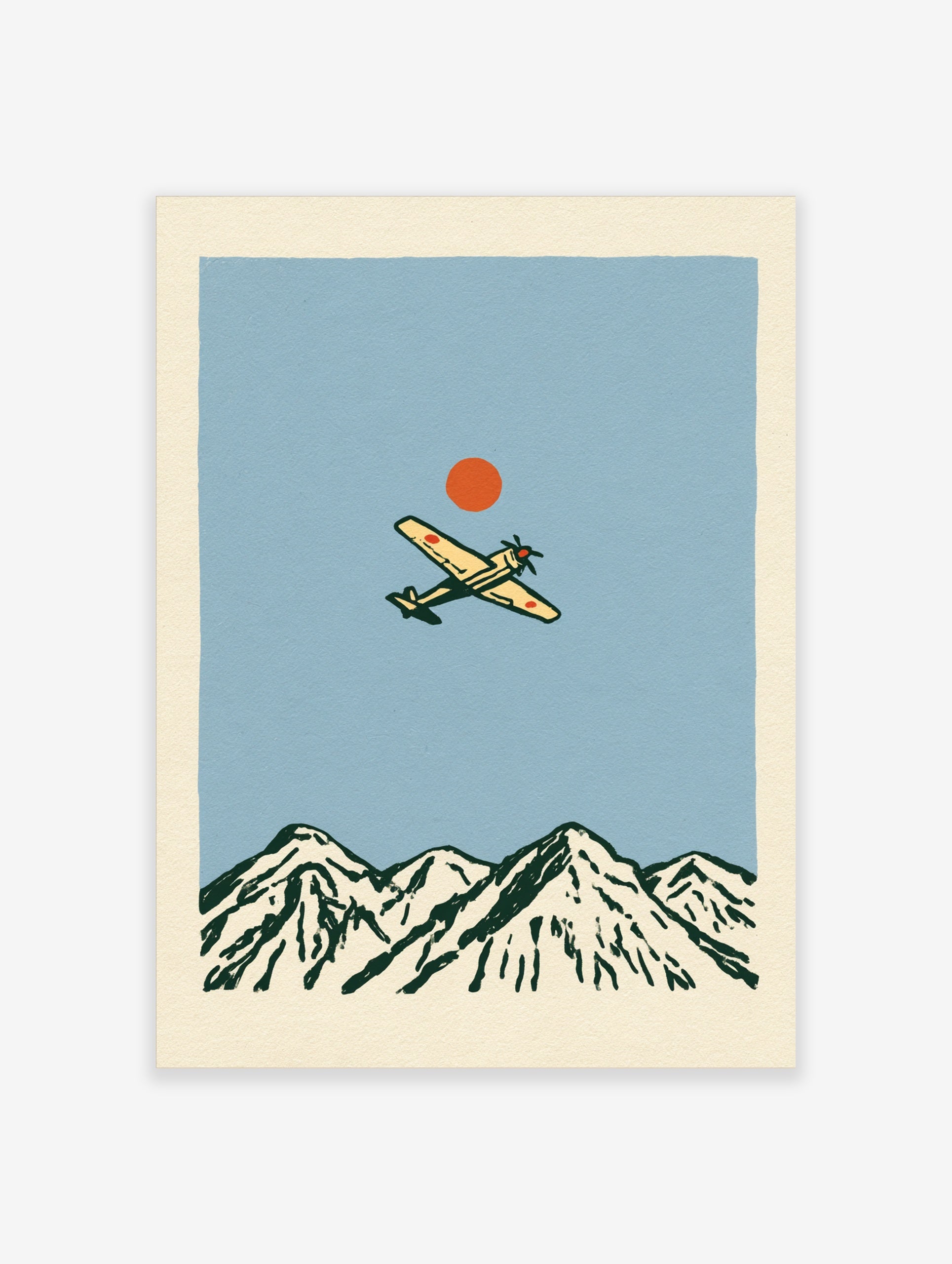 Vintage style illustration of a propeller aircraft flying over a mountain range with a red sun