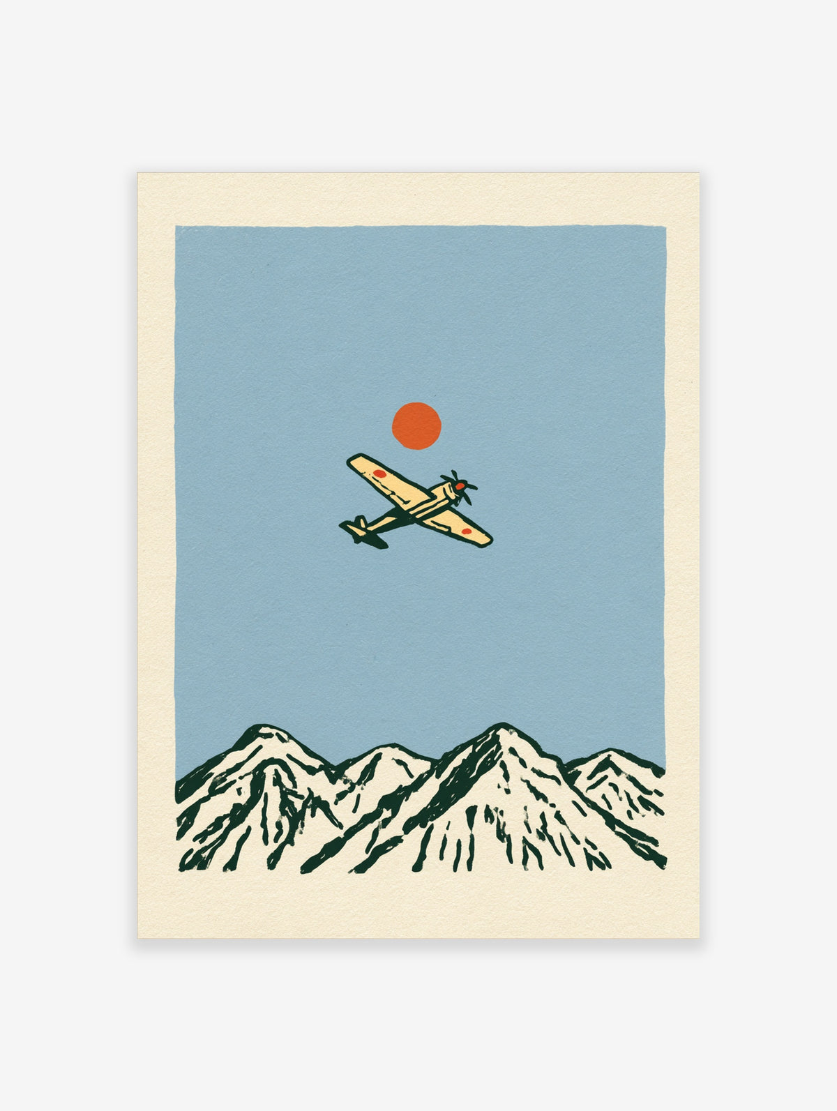 Vintage style illustration of a propeller aircraft flying over a mountain range with a red sun