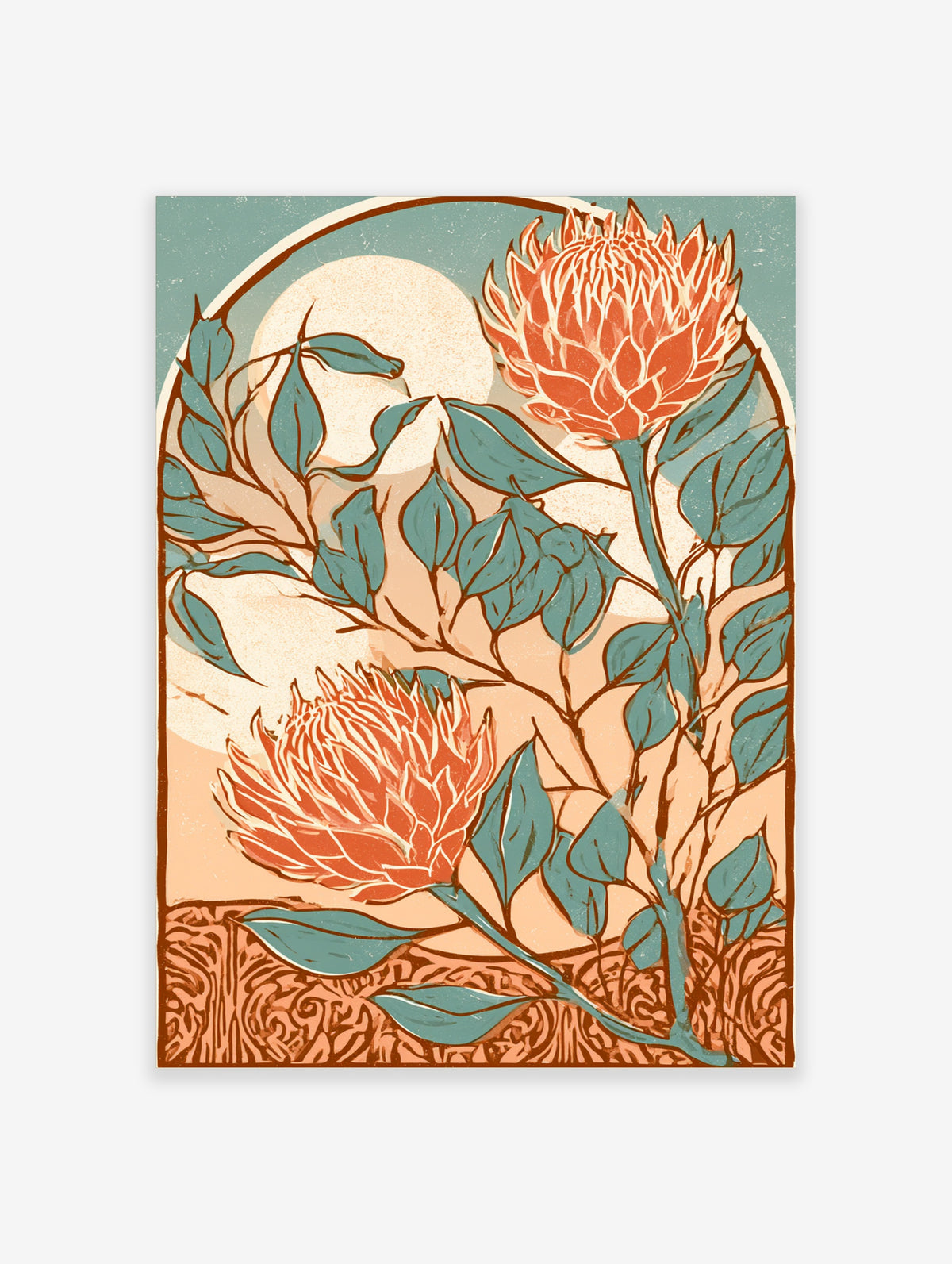 Protea flower botanical art print with orange blooms and teal leaves on peach background