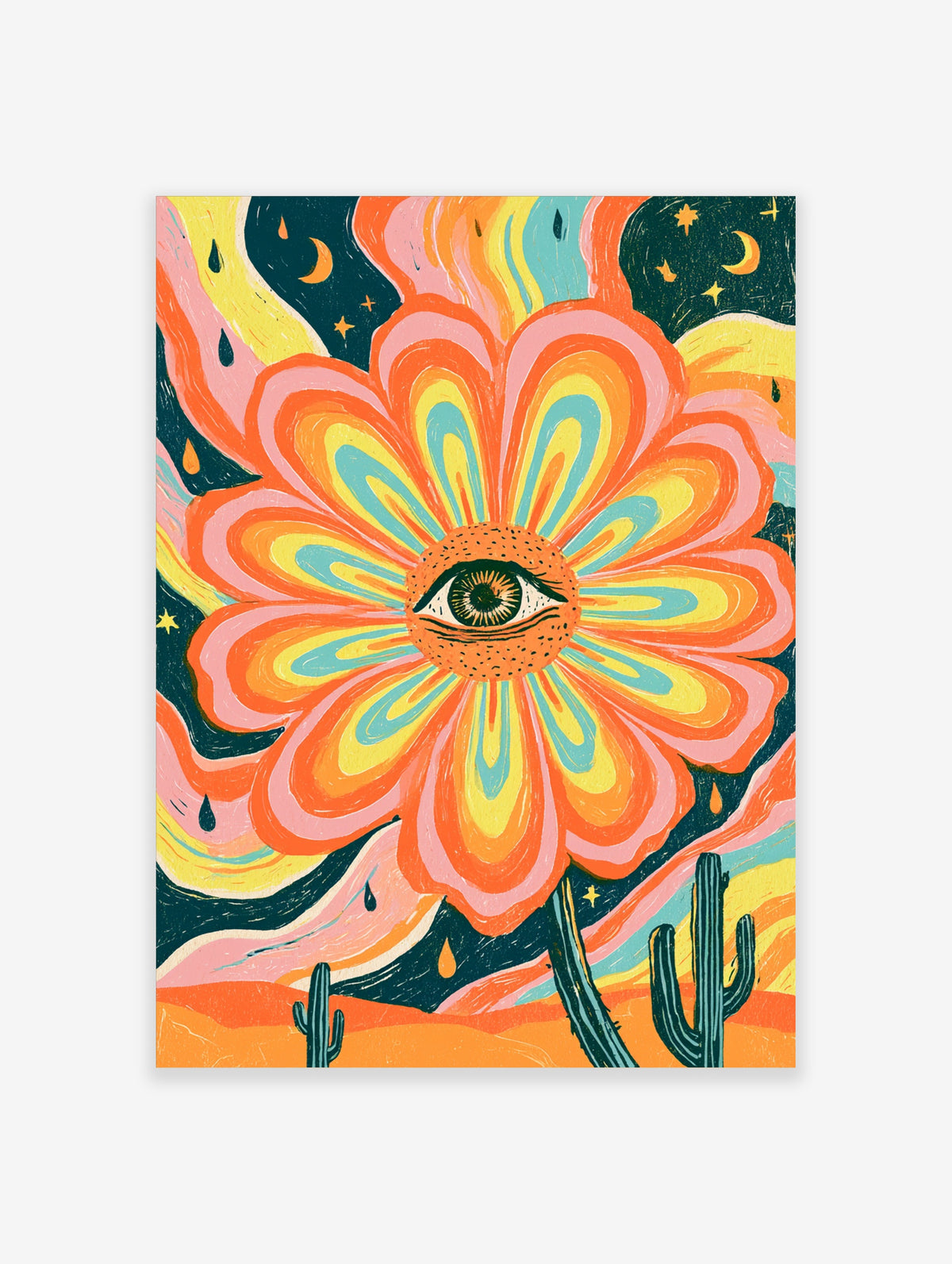 Psychedelic eye flower poster with orange petals, central eye, desert cacti, and starry sky
