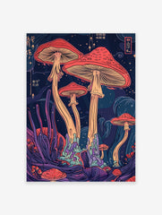 Psychedelic mushroom poster with vibrant red caps and tall stems in a dark, mystical fantasy forest.