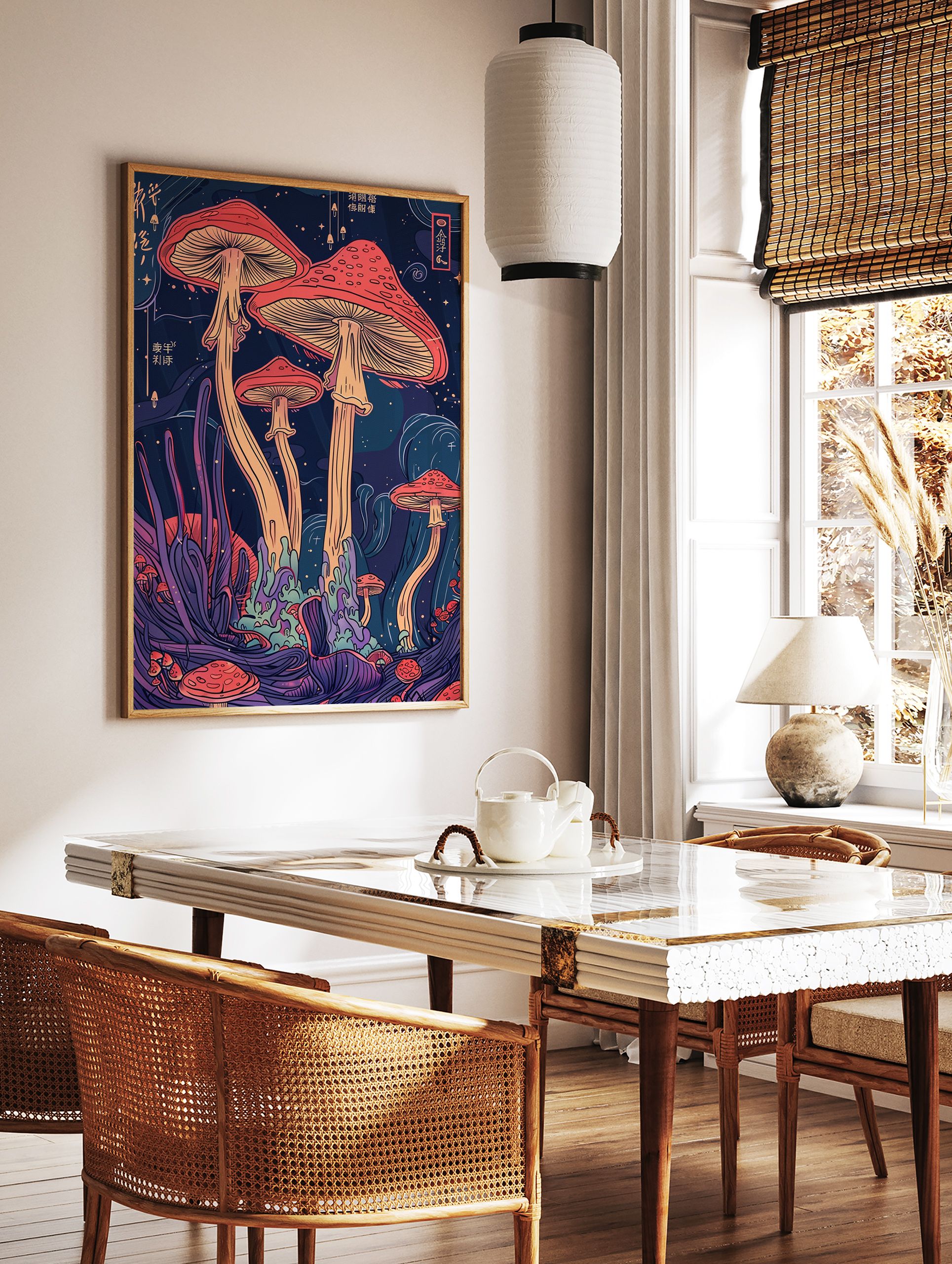 Psychedelic mushroom poster with vibrant red caps and tall stems in a dark, mystical fantasy forest. - Image 2