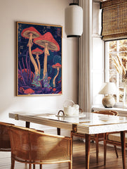 Psychedelic mushroom poster with vibrant red caps and tall stems in a dark, mystical fantasy forest. - Image 2