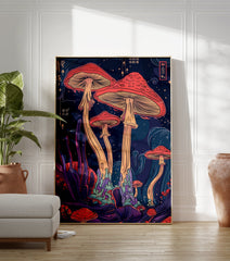 Psychedelic mushroom poster with vibrant red caps and tall stems in a dark, mystical fantasy forest. - Image 3