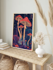 Psychedelic mushroom poster with vibrant red caps and tall stems in a dark, mystical fantasy forest. - Image 4