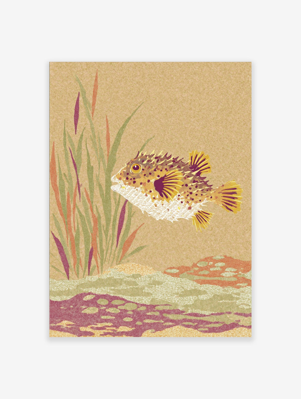 Textured illustration of a spiky puffer fish swimming among aquatic plants and a seabed in earthy tones