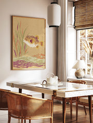 Textured illustration of a spiky puffer fish swimming among aquatic plants and a seabed in earthy, in a styled room mockup