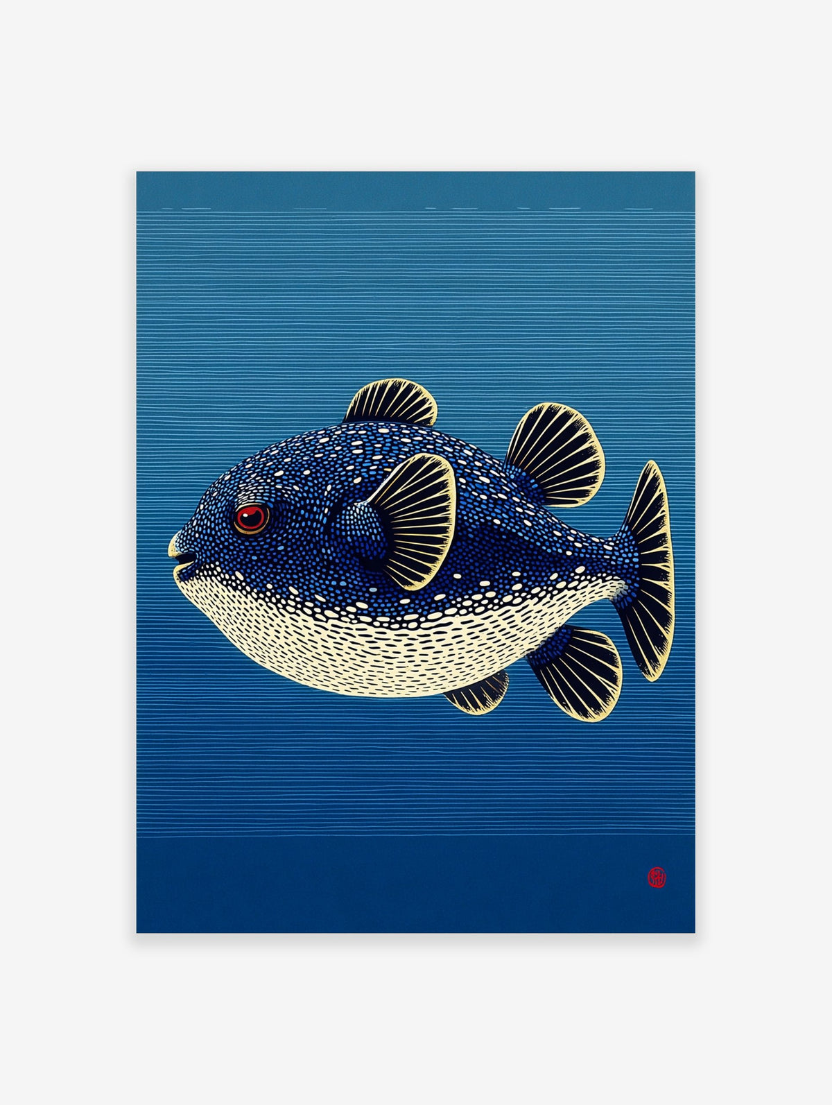 Illustrative puffer fish with blue, white spots, red eye, yellow fins against blue striped background art print