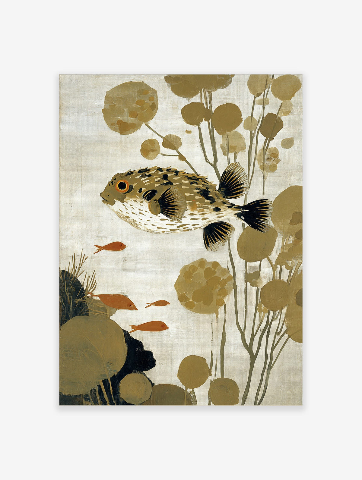 Illustrative puffer fish wall art with spiky body, orange eye, olive plants, and small orange fish