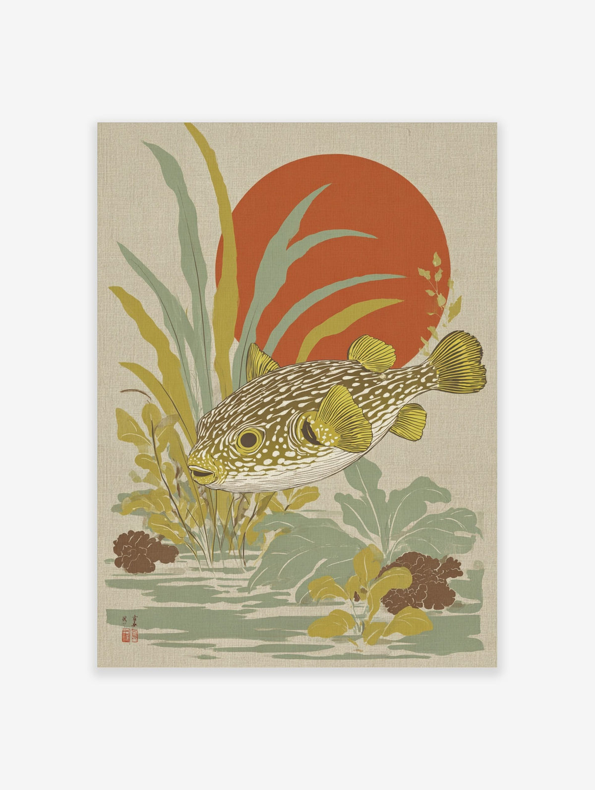 Japanese style puffer fish wall art with yellow fins, green-brown body, red sun, and aquatic plants