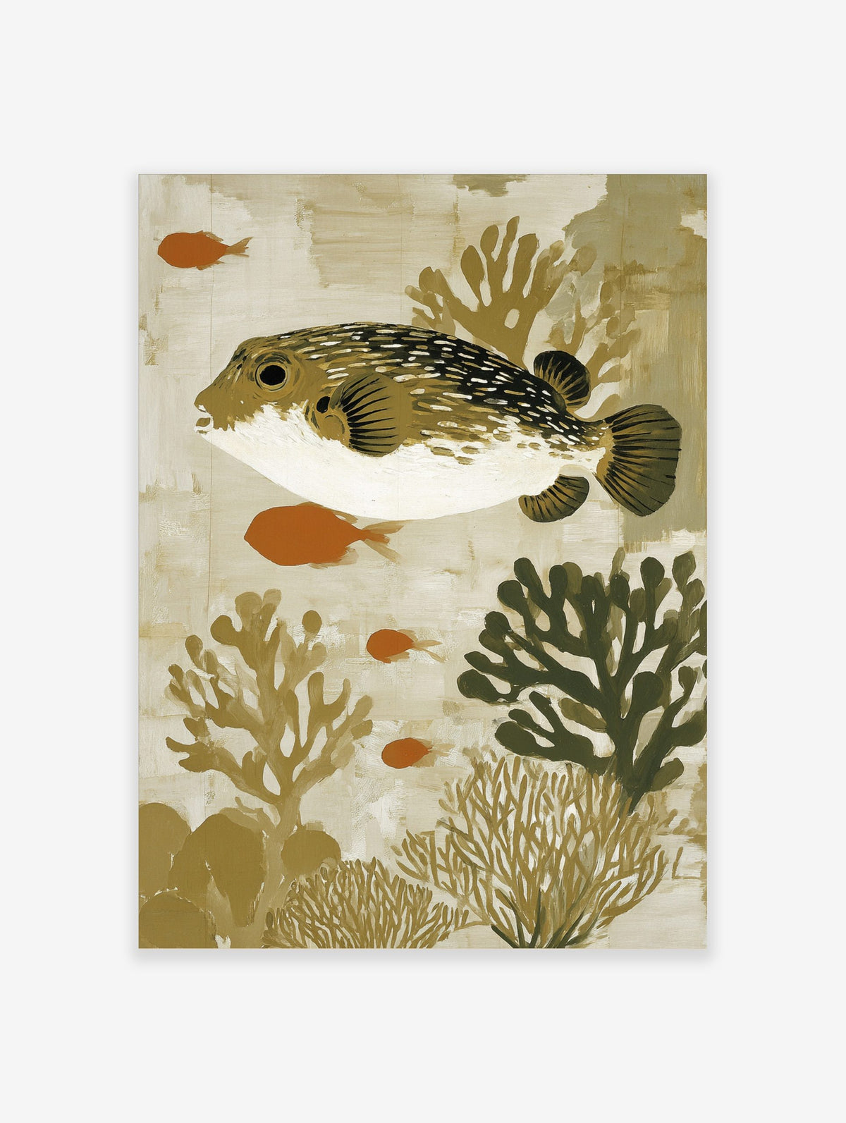 Illustrative art print of a spotted pufferfish with orange fish and coral in earthy tones, portrait orientation