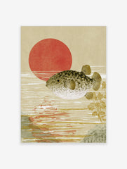 Pufferfish swimming in water with a large red sun in the background, Japanese woodblock style art
