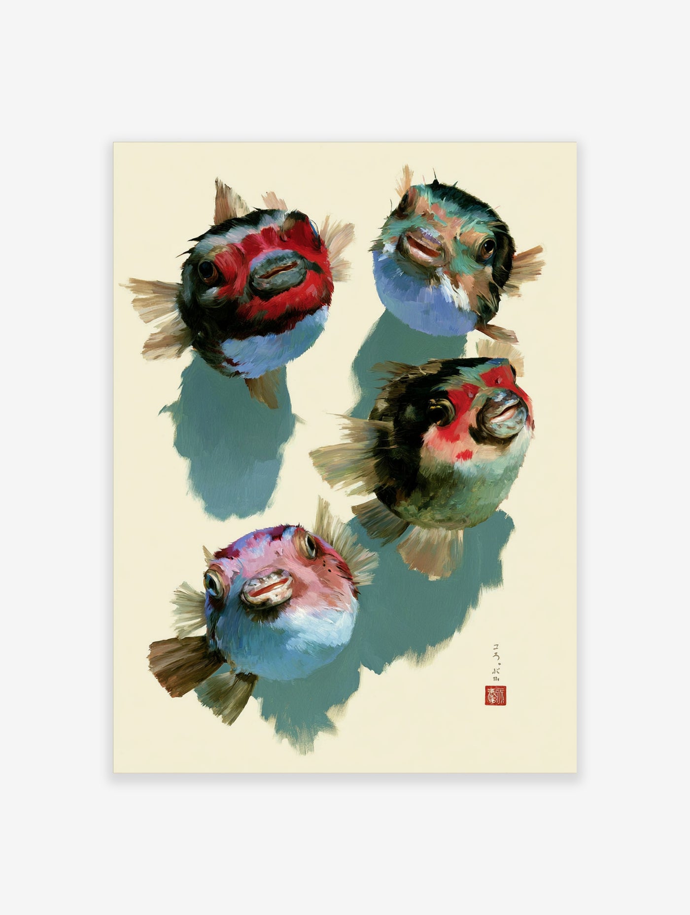 Four colourful pufferfish illustrated with painterly brushstrokes in red and blue on a neutral background art print