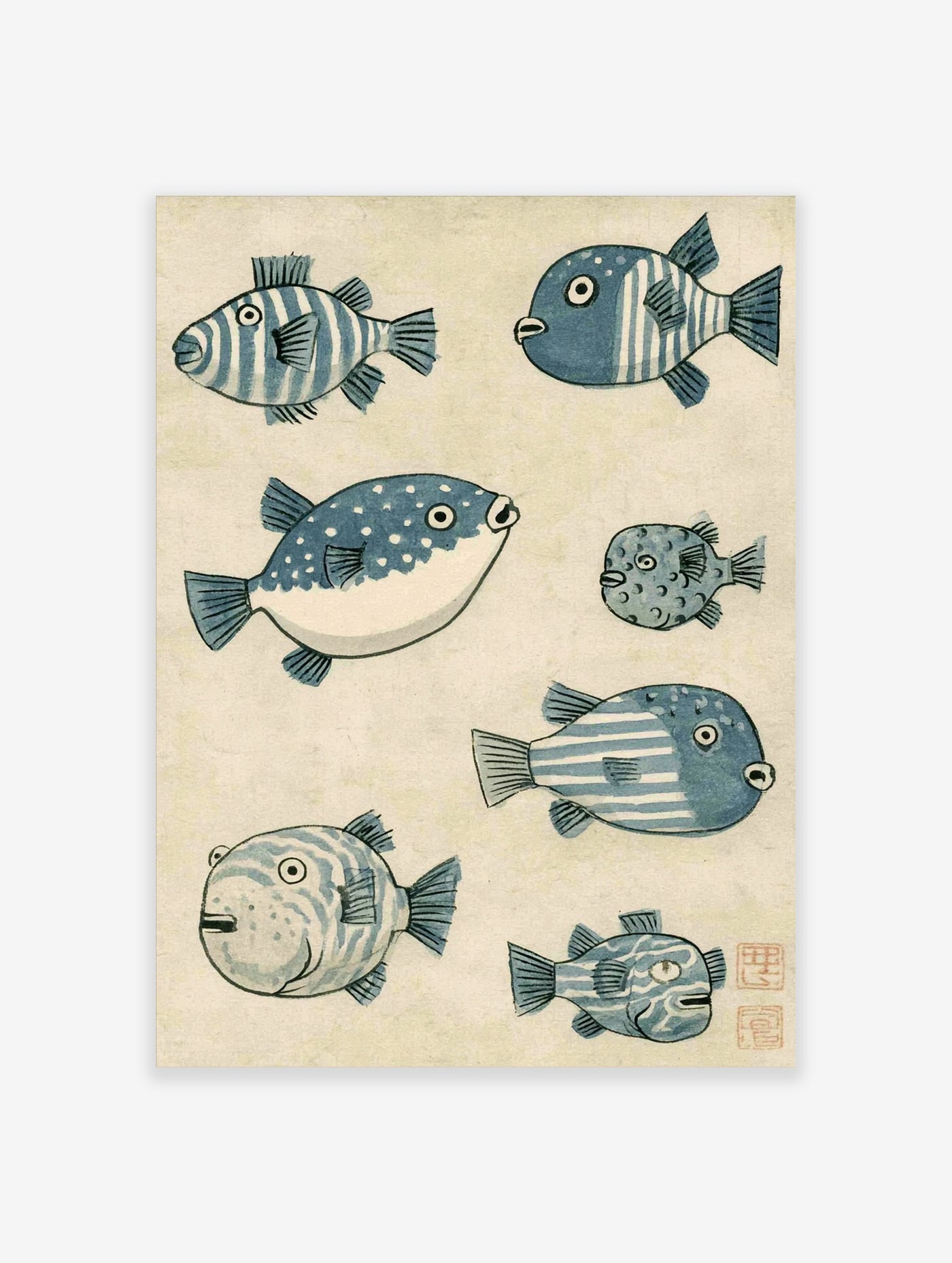 Seven illustrated pufferfish with blue stripes and spots on a cream background, vintage style marine art print